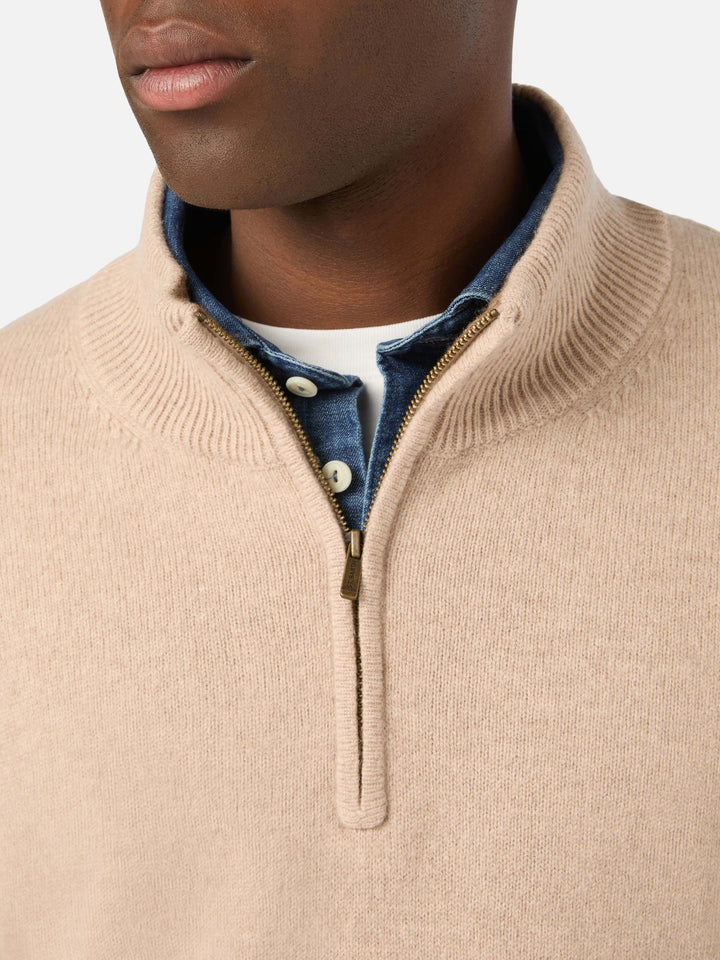 Jersey de media cremallera en lana de cordero Jermyn beige con cuello en contraste 