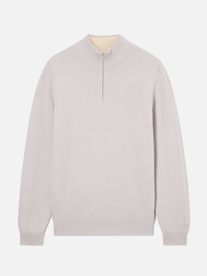 Jersey Jermyn gris de lana de cordero con media cremallera y cuello en contraste 