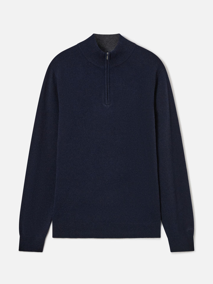 Maglia Jermyn blu notte in lana d'agnello con mezza zip e collo a contrasto