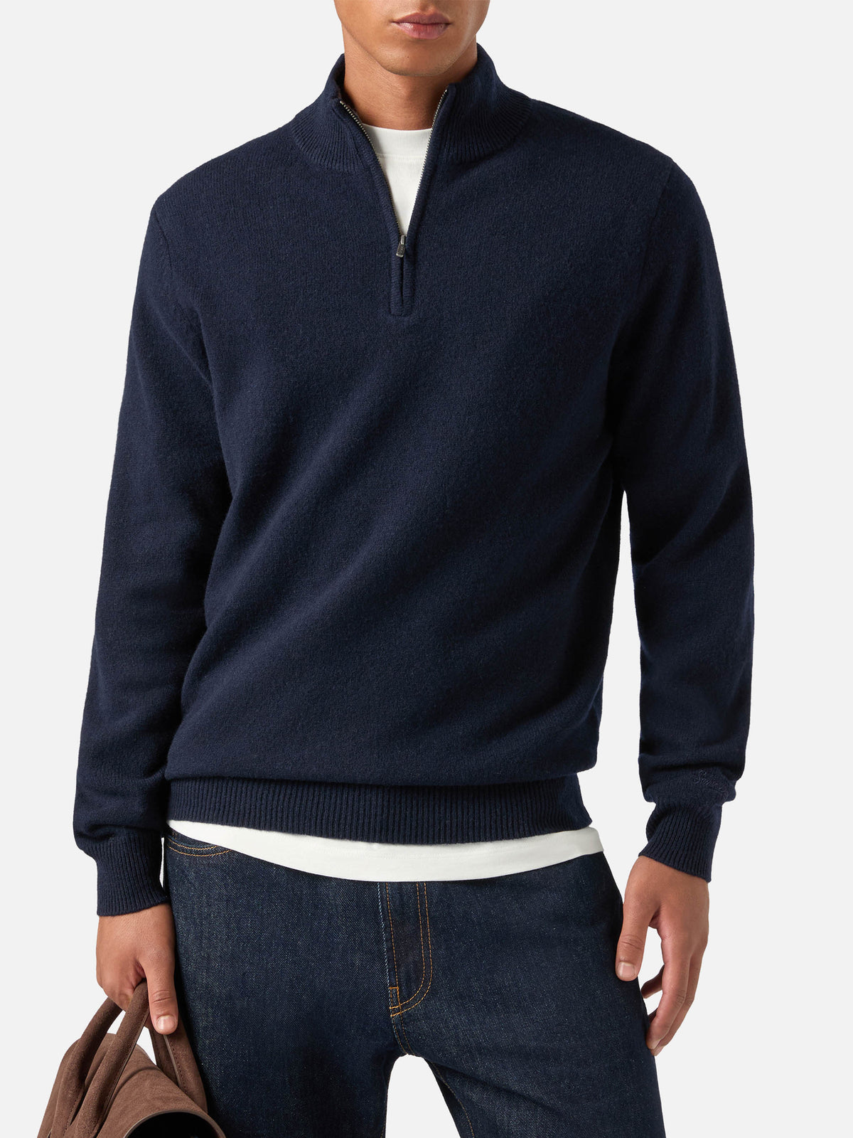 Jersey half zip de lambswool Jermyn Navy blue con cuello en contraste 
