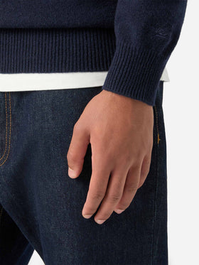 Jersey half zip de lambswool Jermyn Navy blue con cuello en contraste 