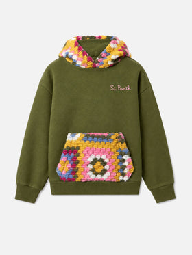 Sweat à capuche vert Jeune Jr avec motif au crochet 