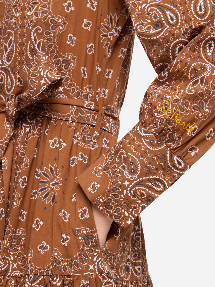 Brown Jensen cotton long dress with bandana print