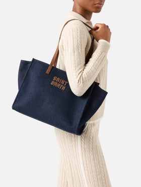 Blue Große Jour Denim-Tasche mit Griffen aus Veloursleder 
