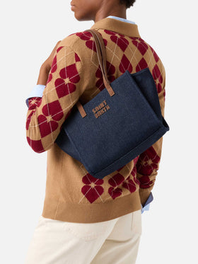 Blue Medium Jour Denimtasche mit Wildledergriffen 