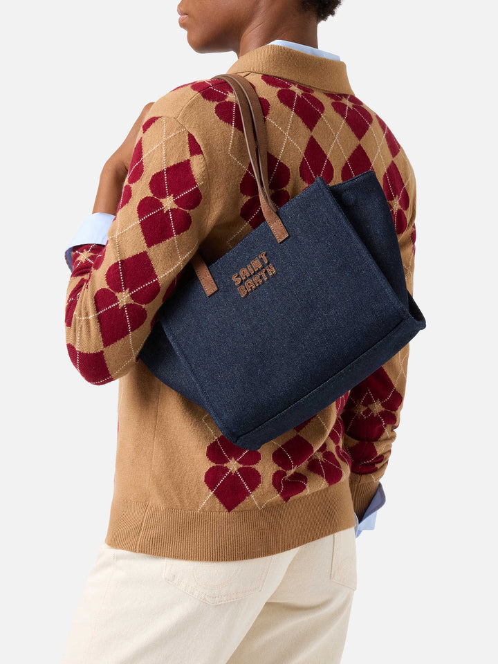 Blue Bolso Medium Jour de denim con asas de ante 