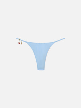 Braguita de bikini tanga Jodene en tejido azul claro con acabado brillante y detalles de charms 