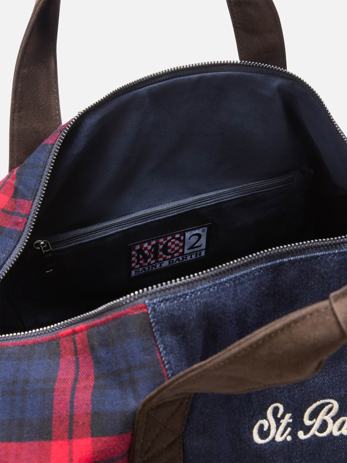 Borsone Jetleg con patchwork denim e tartan e bordi effetto pelle
