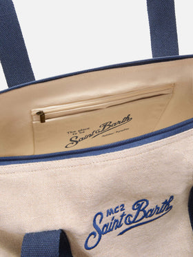 Borsone Round Jetleg in lino beige con logo ricamato a contrasto
