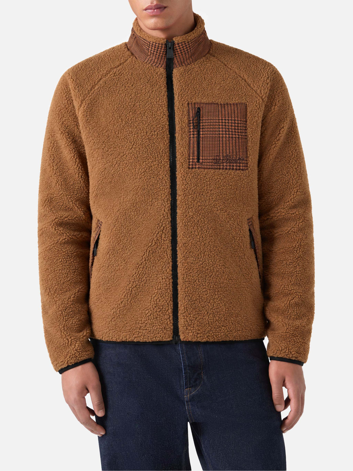 Camel Keystone glen check sherpa jacket