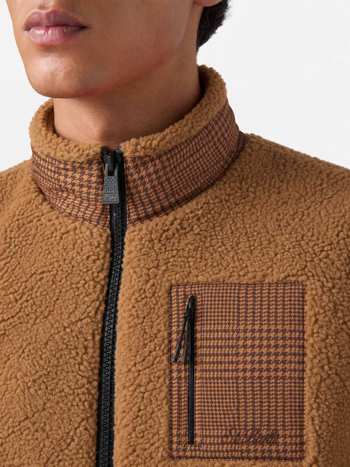 Camel Keystone glen check sherpa jacket