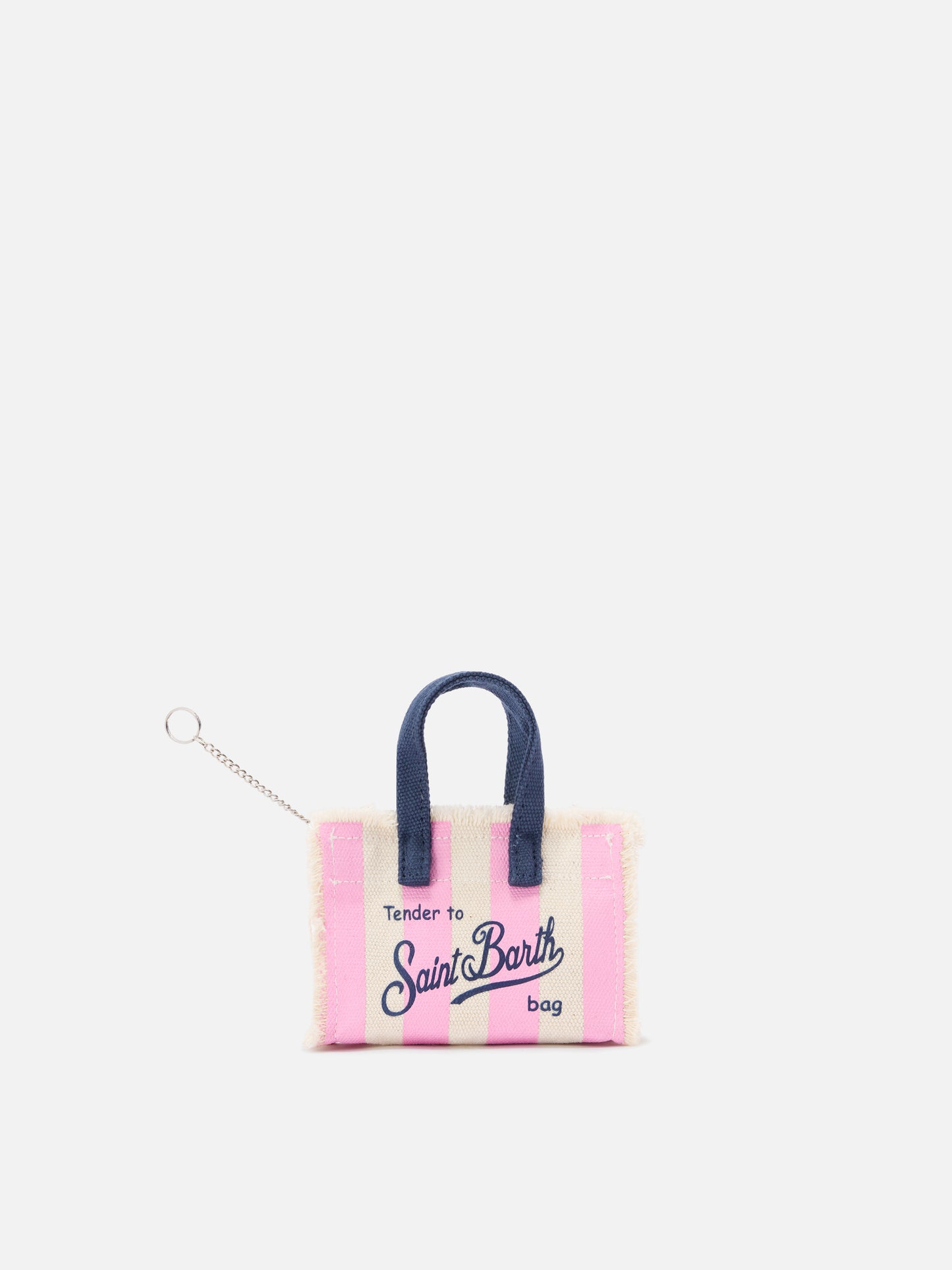 Striped fabric mini bag–shaped keychain with embroidered logo