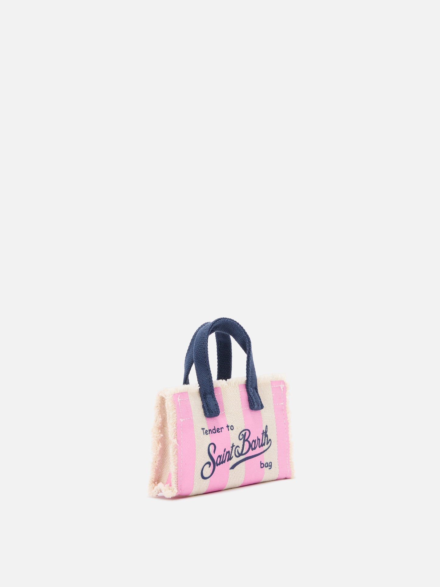 Striped fabric mini bag–shaped keychain with embroidered logo
