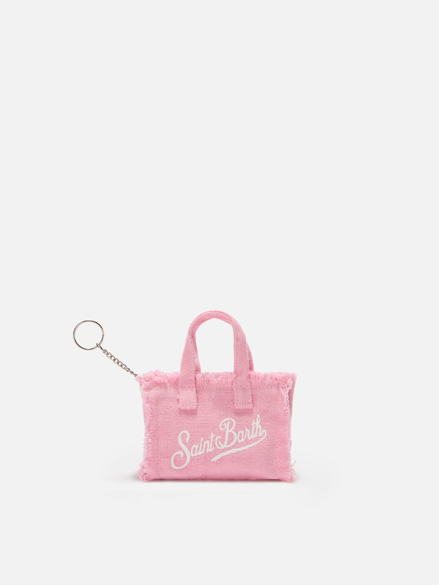 Keychain a forma di mini borsa in lino rosa con logo stampato
