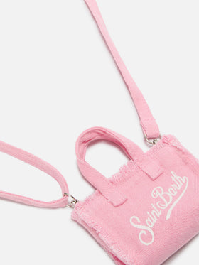 Keychain a forma di mini borsa in lino rosa con logo stampato