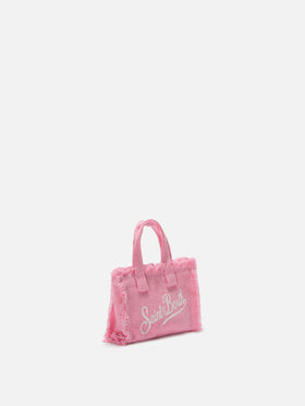 Keychain a forma di mini borsa in lino rosa con logo stampato