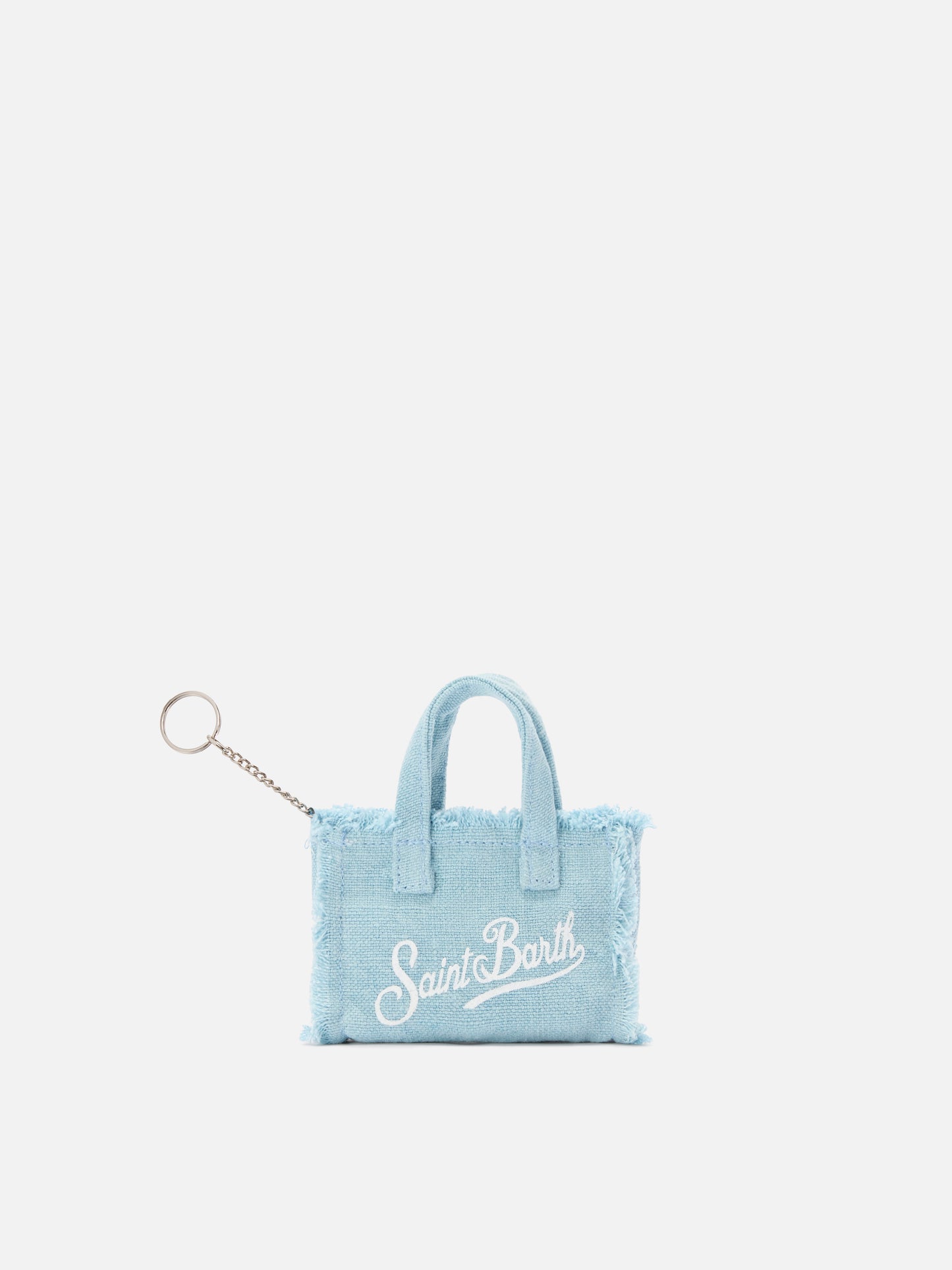 Light blue linen mini bag–shaped keychain with printed logo