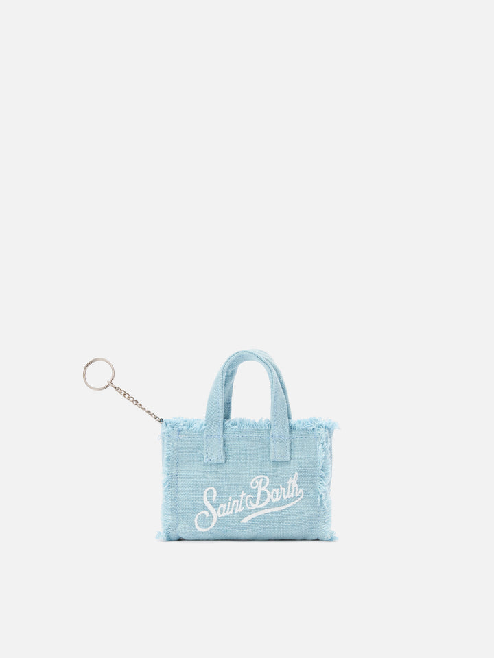 Hellblauer schlüsselanhänger in Form einer Mini-Tasche aus Leinen mit aufgedrucktem Logo 