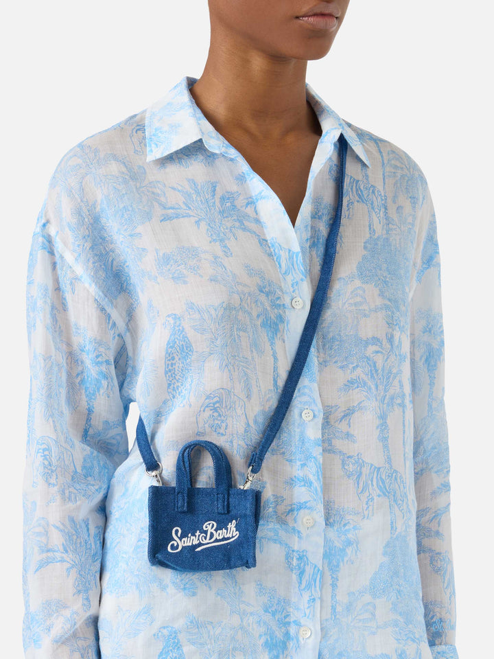 Llavero en forma de mini bolso de denim con logo estampado 