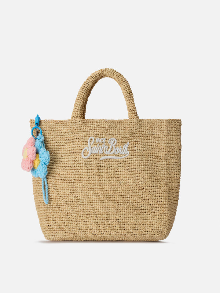 Lustiger Taschenanhänger mit gehäkelten Blumen