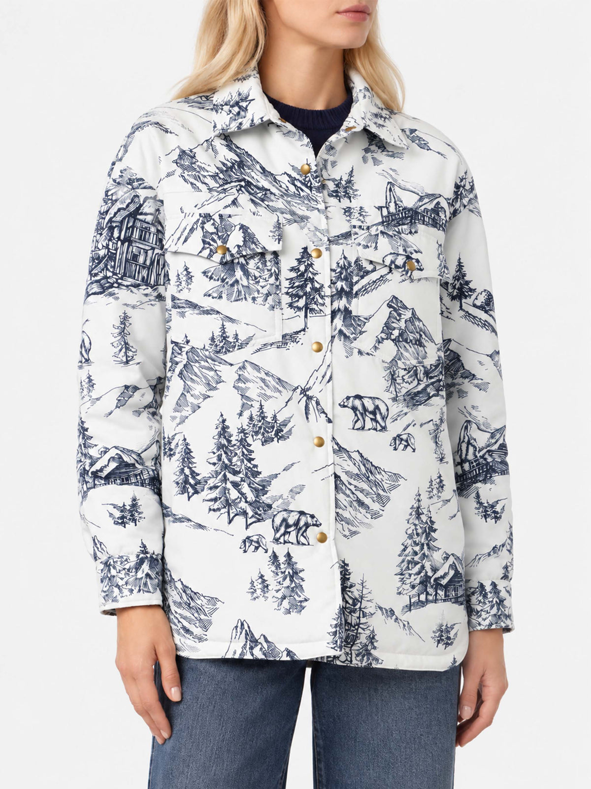 Leichte gesteppte Jacke Kimmy mit blauem Toile-de-Jouy-Print 