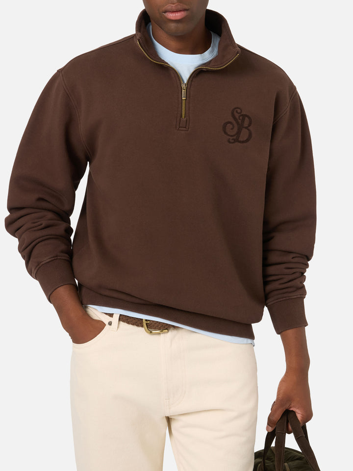Felpa mezza zip in cotone Kenneth marrone con SB Legacy logo