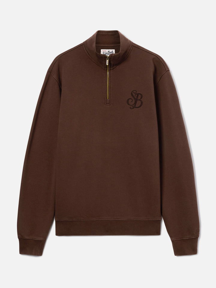 Felpa mezza zip in cotone Kenneth marrone con SB Legacy logo