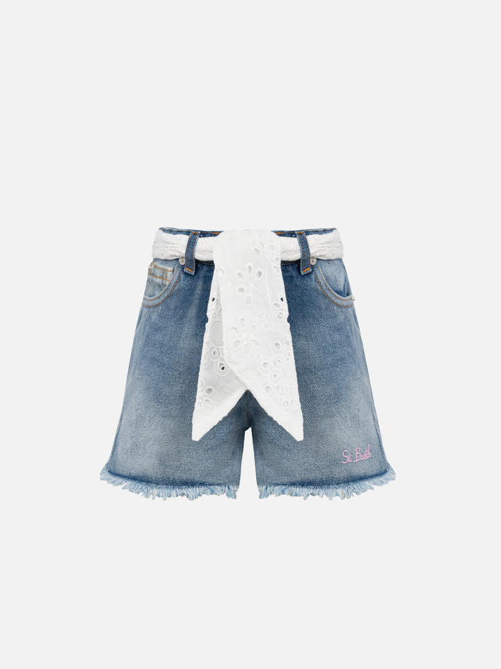 Shorts in denim Kiko Jr con pizzo Sangallo e dettagli ricamati