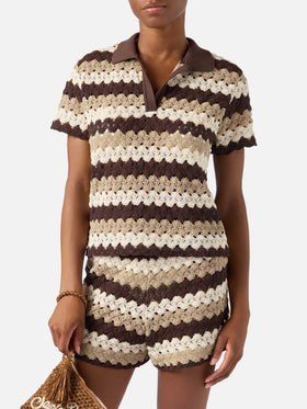 Lala crochet-effect cotton blend polo with striped pattern