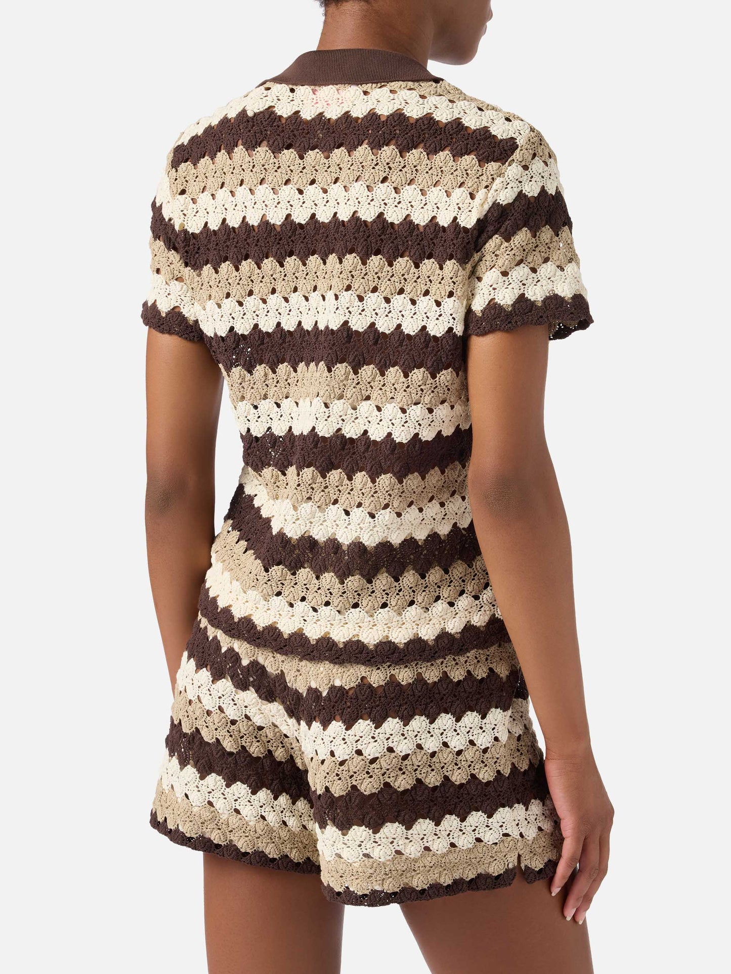Lala crochet-effect cotton blend polo with striped pattern