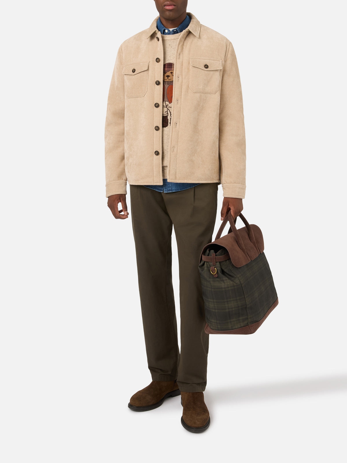 Beige Landeck corduroy overshirt with teddy lining