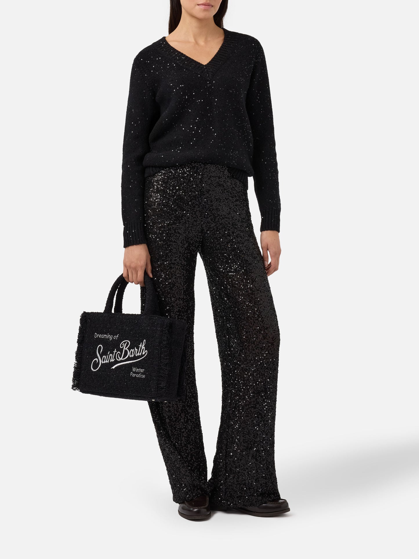 Lucette Hose mit geradem Bein aus schwarzem Paillettenstoff