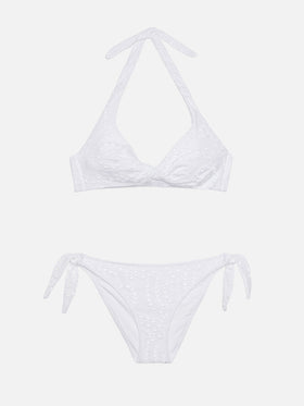 Leda Yali Triangel-Bralette-Bikini aus schwarzer Sangallo-Spitze