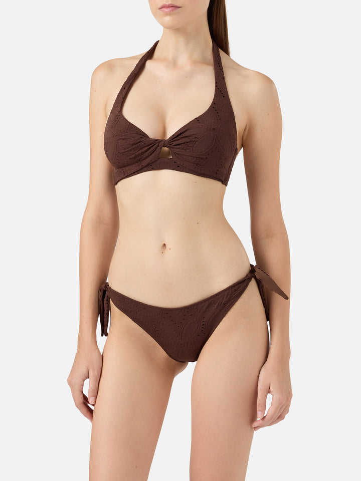 Leda Yali klassischer Triangel-Bralette-Bikini aus brauner Sangallo-Spitze 