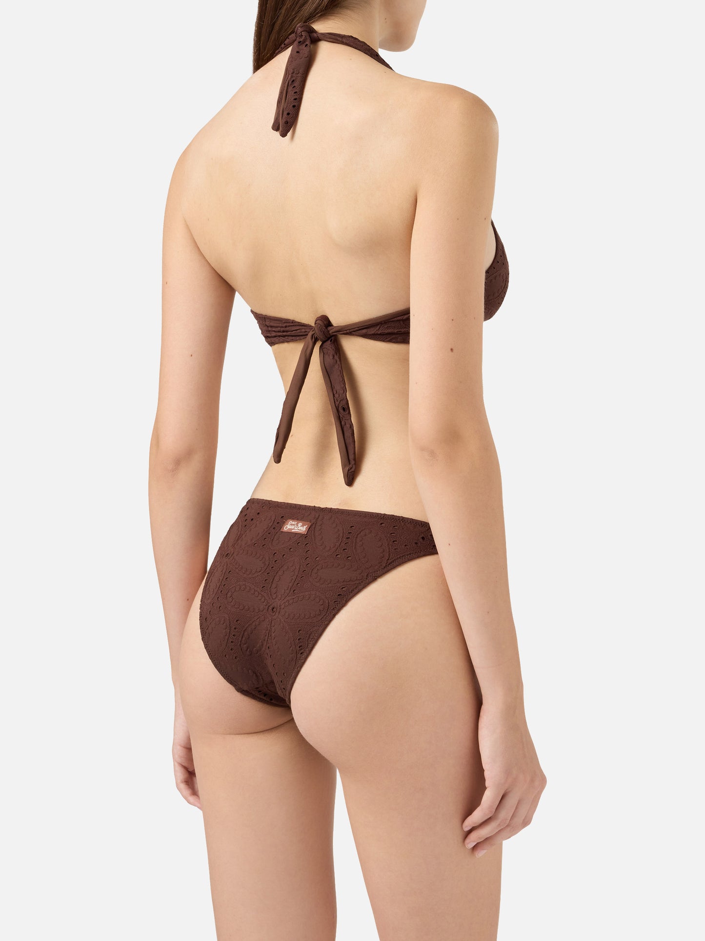 Leda Yali klassischer Triangel-Bralette-Bikini aus brauner Sangallo-Spitze 