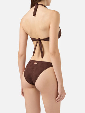 Leda Yali klassischer Triangel-Bralette-Bikini aus brauner Sangallo-Spitze 