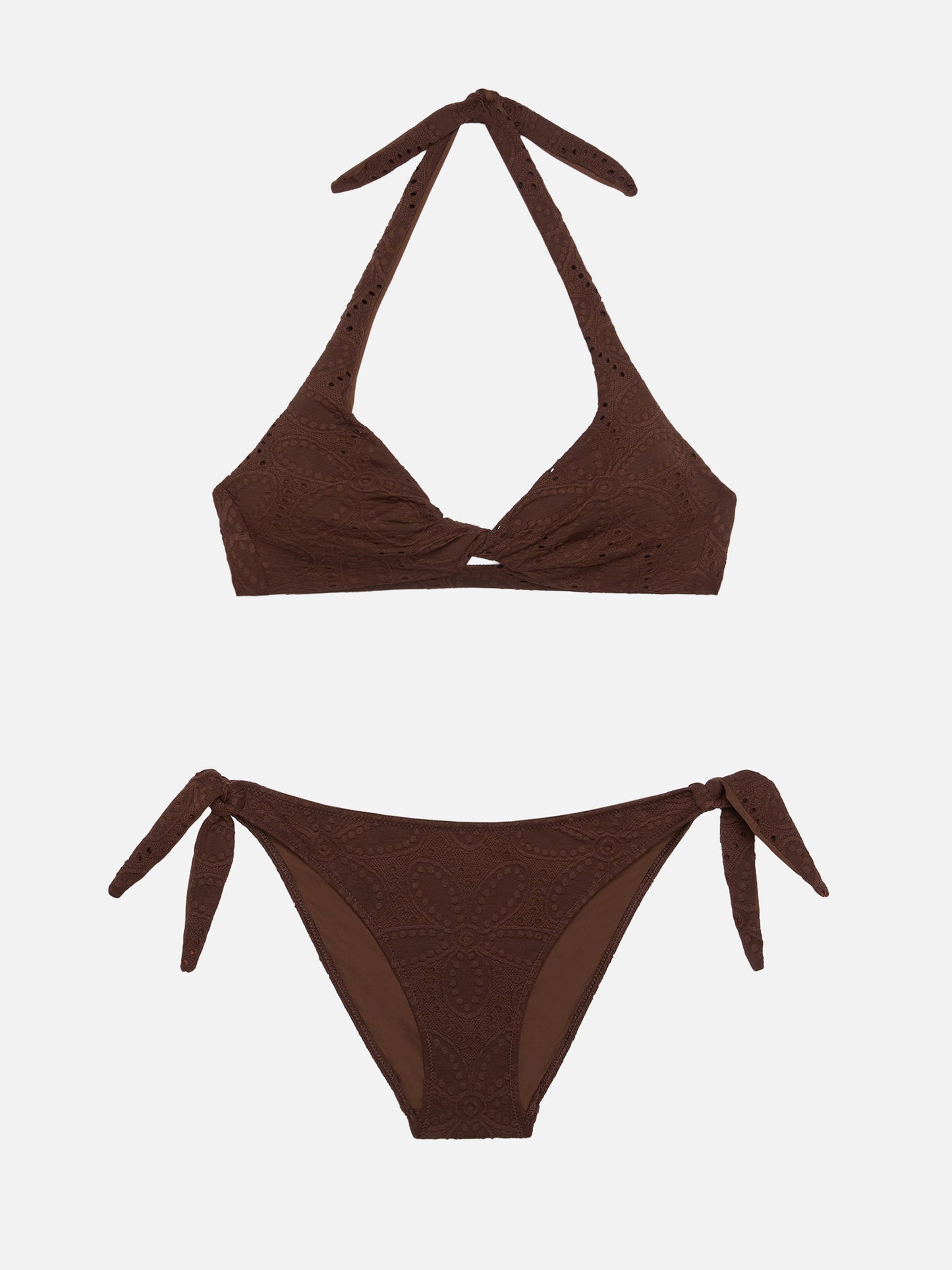 Leda Yali klassischer Triangel-Bralette-Bikini aus brauner Sangallo-Spitze 