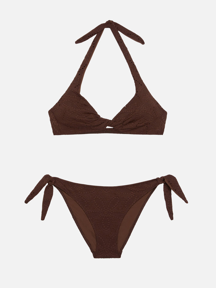Leda Yali klassischer Triangel-Bralette-Bikini aus brauner Sangallo-Spitze 