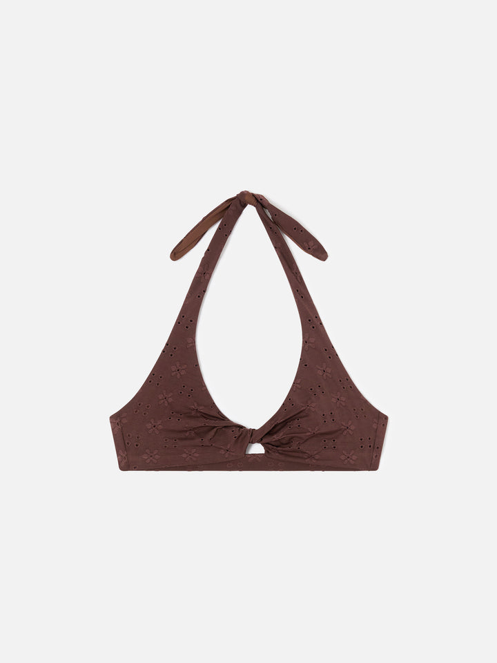 Leda bralette bikini top in brown sangallo with cut-out detail