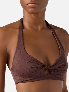 Leda bralette bikini top in brown sangallo with cut-out detail