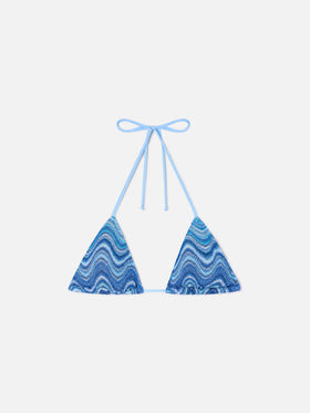 Haut de bikini triangle Leah en tissu raschel bleu clair à effet vagues 