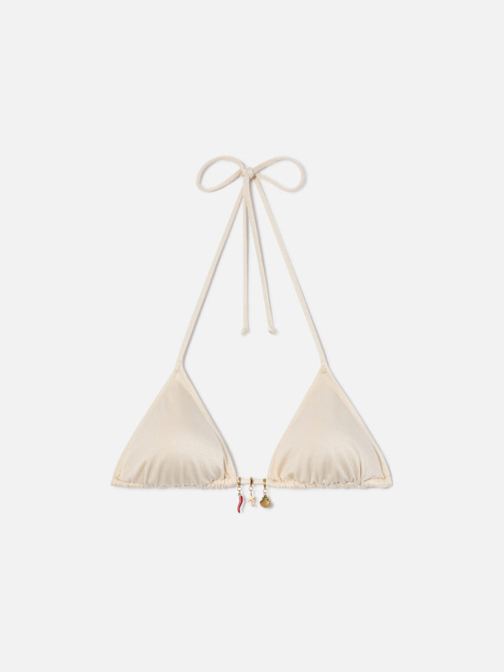 Top de bikini triangular Leah en tejido de acabado brillante con charms 