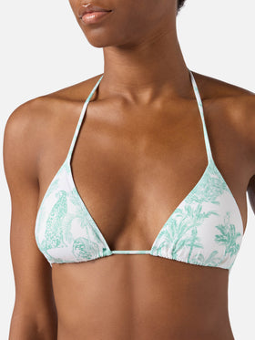 Leah triangle bikini top with green toile de Jouy print