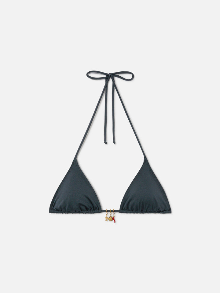 Top de bikini triangular Leah en tejido gris con acabado brillante y charms 