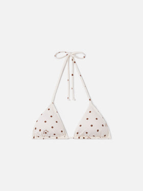 Haut de bikini triangle Leah à imprimé à pois beige et marron 