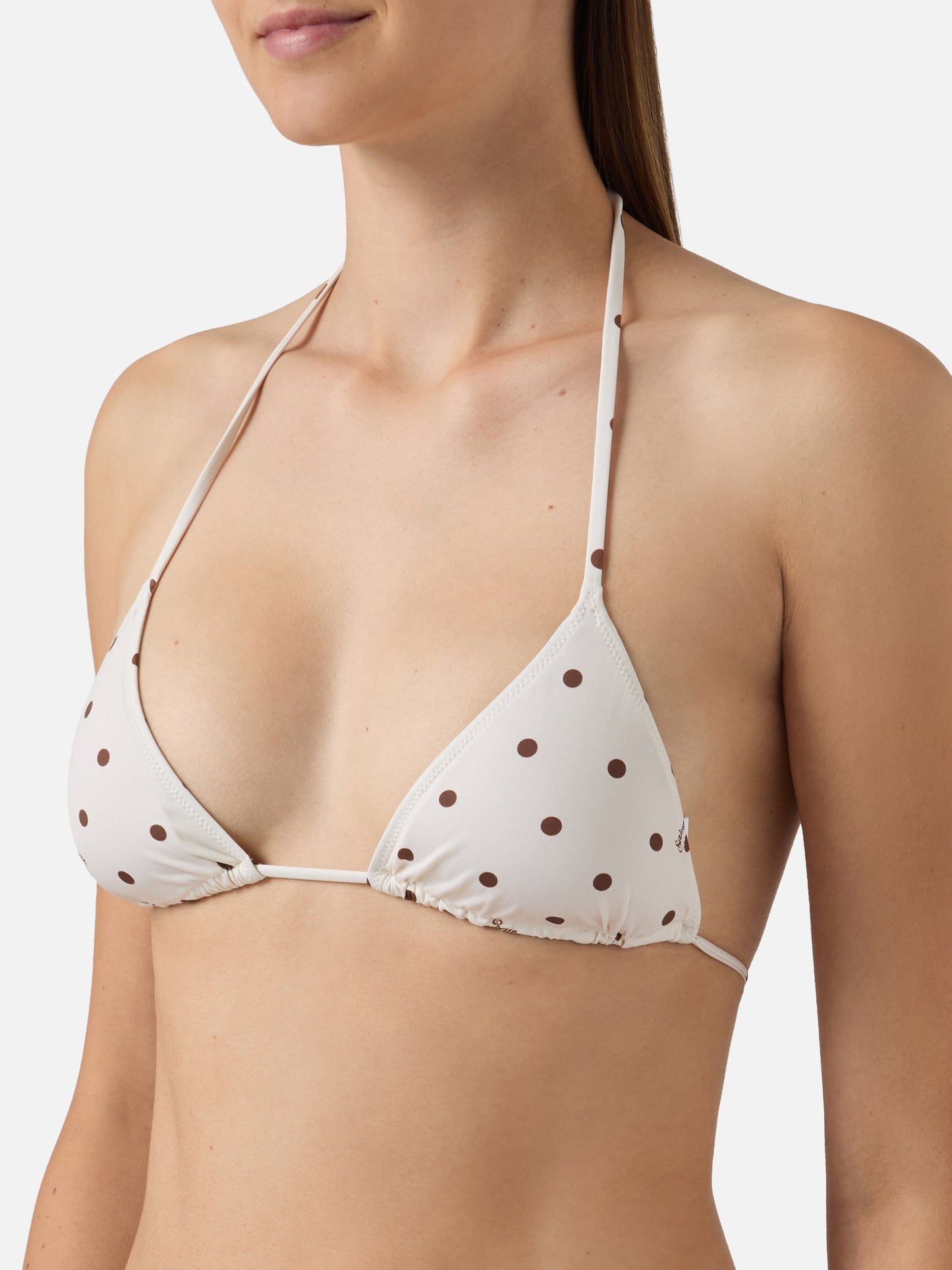 Haut de bikini triangle Leah à imprimé à pois beige et marron 