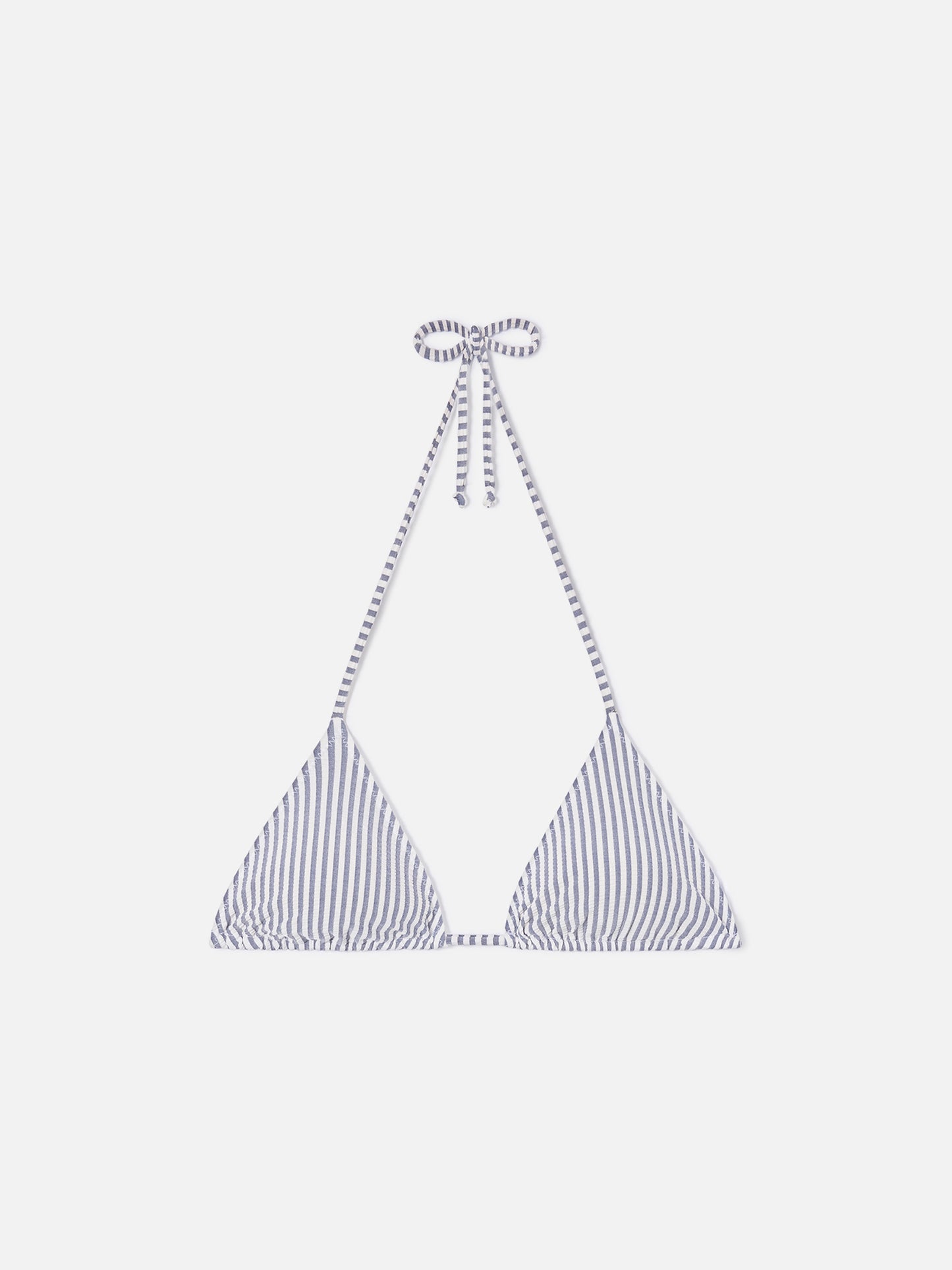 Top de bikini triangular Leah en tejido seersucker azul a rayas 