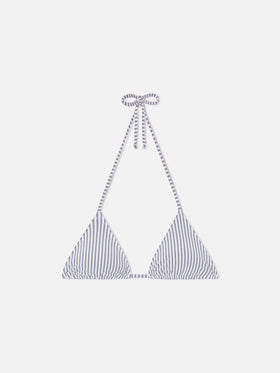 Top de bikini triangular Leah en tejido seersucker azul a rayas 