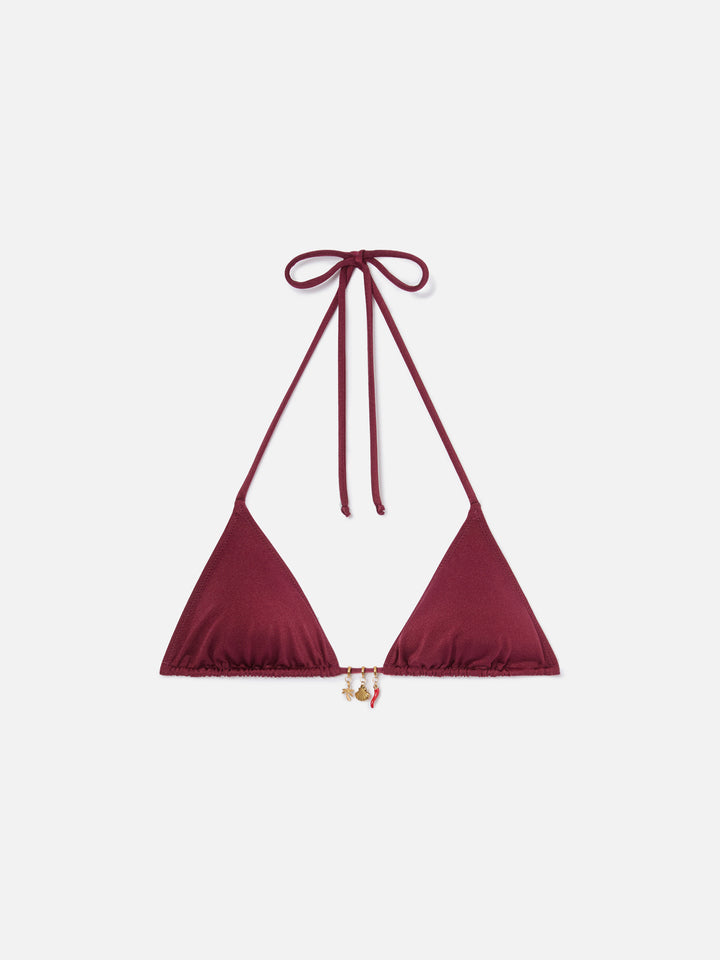Top de bikini triangular Leah en tejido rojo con acabado brillante y charms 