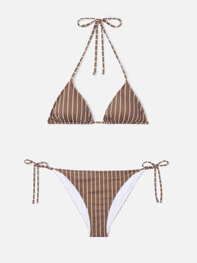 Leah Virgo beige and brown vertical striped bikini